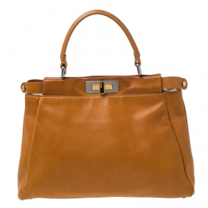 Pre Owned Fendi Tan Leather Medium Peekaboo Top Handle Bag