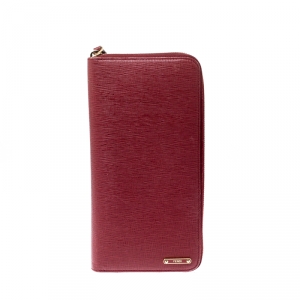 Pre Owned Fendi Red Leather Zip Around Organizer Wallet