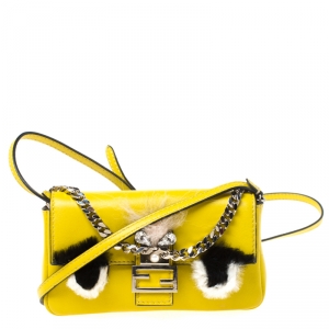 Pre Owned Fendi Yellow Leather and Fur Micro Monster Baguette 