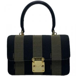 Pre Owned Fendi Khaki/Black Pequin Stripe Canvas Vintage Top Handle Crossbody Bag