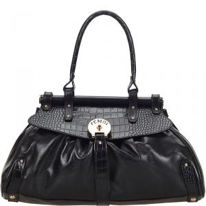 Pre Owned Fendi Black Leather Crocodile-Trimmed Shoulder Bag
