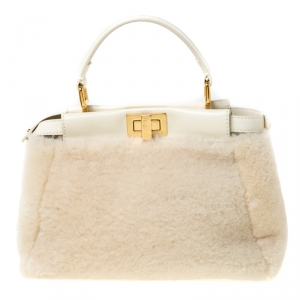 Pre Owned Fendi Cream Shearling and Leather Mini Peekaboo Top Handle Bag