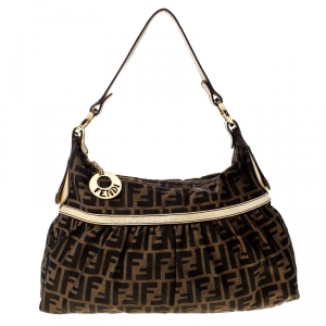 Pre Owned Fendi Tobacco/Gold Zucca Canvas and Leather Chef Shoulder Bag