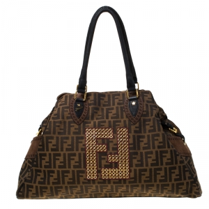 Pre Owned Fendi Brown/Black Zucca Canvas and Nubuck Leather Large Studded De Jour Bag