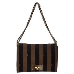 Pre Owned Fendi Tobacco Canvas Large Pequin Stripe Claudia Shoulder Bag