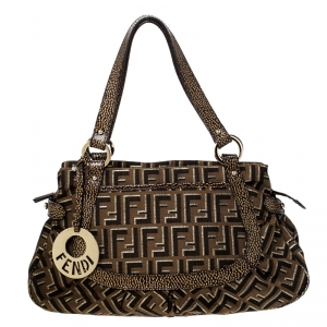 Pre Owned Fendi Brown Zucca Canvas and Leather Shoulder Bag