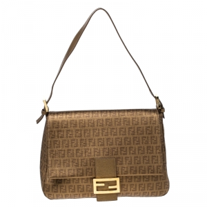 Pre Owned Fendi Gold Zucchino Canvas Mama Forever Shoulder Bag