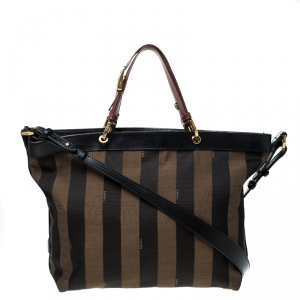 Pre Owned Fendi Tobacco Pequin Striped Canvas and Leather Large Tote