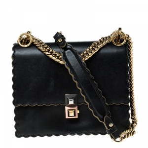 Pre Owned Fendi Black Leather Kan I Scalloped Shoulder Bag