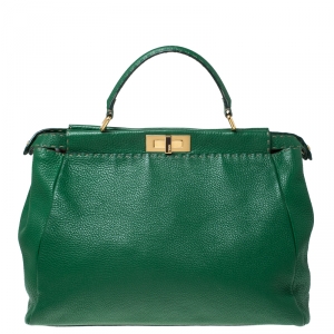 Pre Owned Fendi Green Selleria Leather Large Peekaboo Top Handle Bag
