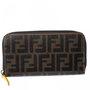 Pre Owned Fendi Black/Brown Zucca Coated Canvas Zip Around Wallet