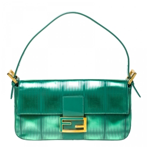 Fendi Green Textured Leather Baguette Shoulder Bag
