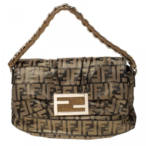 Pre Owned Fendi Brown/Black Zucca Textured Canvas and Leather Mia Flap Shoulder Bag