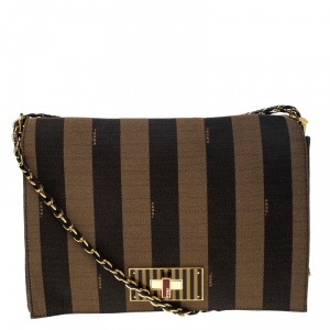 Pre Owned Fendi Tobacco Canvas Large Pequin Stripe Claudia Shoulder Bag