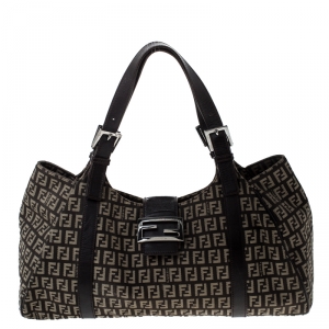 Pre Owned Fendi Brown Zucchino Canvas and Leather Borsa Piccola Shoulder Bag