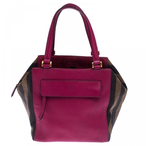 Pre Owned Fendi Tobacco/Magenta Stripe Pequin Canvas and Leather Satchel