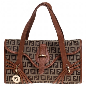 Pre Owned Fendi Beige/Tan Zucchino Canvas and leather Mini Satchel