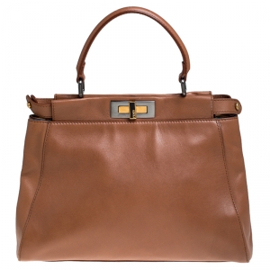 Pre Owned Fendi Light Brown Leather Medium Peekaboo Top Handle Bag
