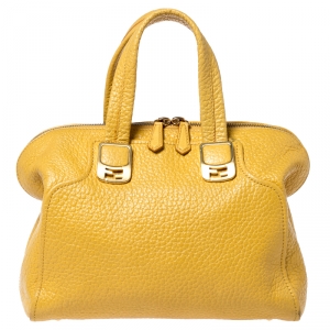Pre Owned Fendi Yellow Pebbled Leather Small Chameleon Satchel