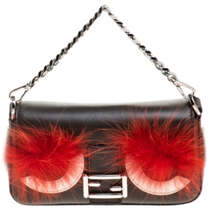 Fendi Dark Grey Leather and Fur Trim Micro Baguette Shoulder Bag