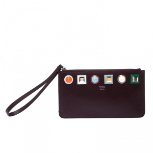 Pre Owned Fendi Dark Burgundy Leather Rainbow Studded Wristlet Clutch
