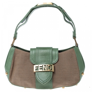 Fendi Beige/Green Zucca Canvas and Leather Baguette Shoulder Bag