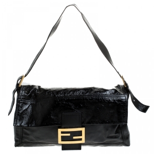 Pre Owned Fendi Black Crinkle Patent Leather Large Mamma Baguette Shoulder Bag