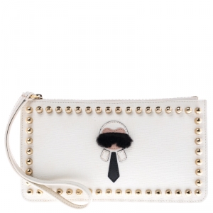 Fendi Off White Studded Leather Karlito Flat Pouch