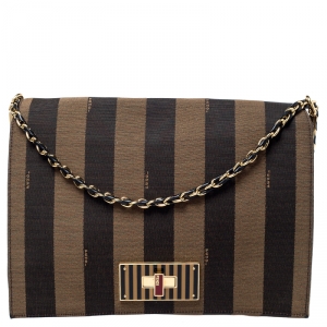 Pre Owned Fendi Tobacco Canvas Large Pequin Stripe Claudia Shoulder Bag