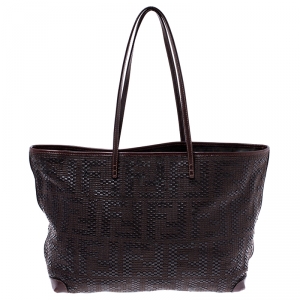 Pre Owned Fendi Dark Brown Woven Leather Medium Shopper Roll Tote