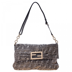 Pre Owned Fendi Metallic Gold/Silver Canvas Glitter Jacquard Mia Zucca Flap Bag