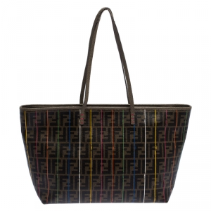 Pre Owned Fendi Brown Zucca Coated Canvas Large Spalmati Striped Tote