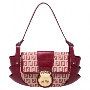 Pre Owned Fendi Red Zucchino Canvas and Leather Compilation Shoulder Bag