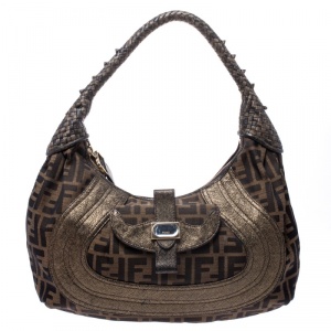 Pre Owned Fendi Brown/Metallic Zucca Canvas and Leather Spy Hobo 