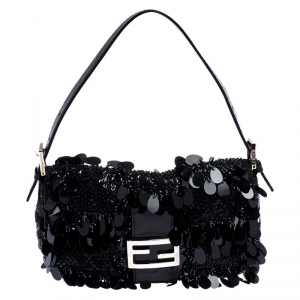 Fendi Black Sequins/Beaded Leather Baguette Shoulder Bag