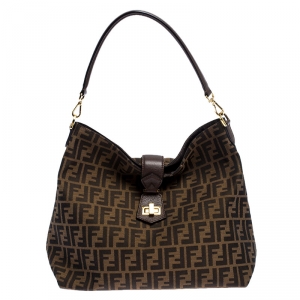 Pre Owned Fendi Tobacco Zucca Canvas and Leather Jacquard Hobo 