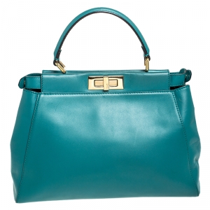Pre Owned Fendi Teal Leather Medium Peekaboo Top Handle Bag