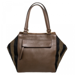 Pre Owned Fendi Tobacco Stripe Pequin Canvas and Leather Satchel