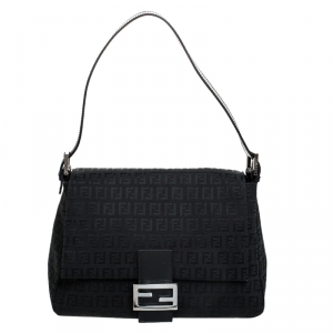 Pre Owned Fendi Black Zucchino Canvas and Leather Mama Forever Shoulder Bag