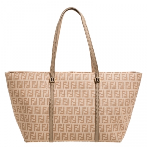 Pre Owned Fendi Peach Zucchino Coated Canvas Small Licious Tote 