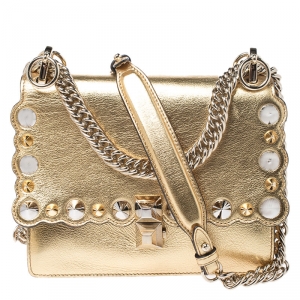 Pre Owned Fendi Gold Metallic Leather Studded Kan I Shoulder Bag