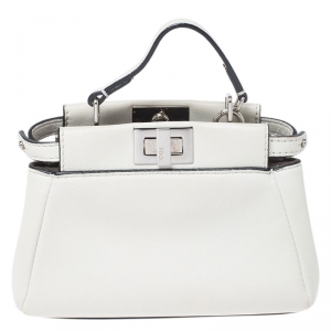 Pre Owned Fendi White Leather Micro Peekaboo Top Handle Bag