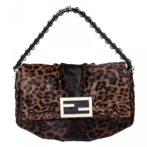 Pre Owned Fendi Black/Brown Leopard Print Calfhair Mia Flap Shoulder Bag