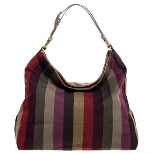 Pre Owned Fendi Multicolor Canvas and Leather Large Pequin Striped Hobo