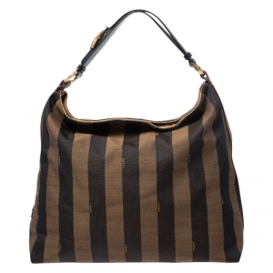 Pre Owned Fendi Tobacco/Black Canvas and Leather Large Pequin Striped Hobo