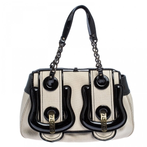 Pre Owned Fendi Cream/Black Canvas and Patent Leather B Shoulder Bag