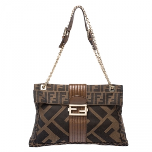 Fendi Tobacco Zucca Canvas Maxi Baguette Flap Shoulder Bag