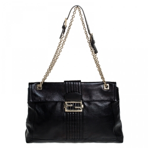 Fendi Black Metallic Leather Maxi Baguette Shoulder Bag