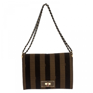 Pre Owned Fendi Tobacco Canvas Large Pequin Stripe Claudia Shoulder Bag