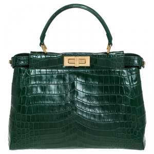 Pre Owned Fendi Green Crocodile Medium Peekaboo Top Handle Bag